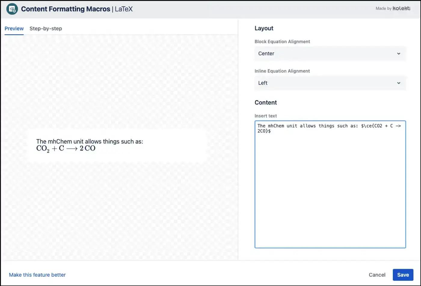 The LaTeX for Confluence editor with a molecular equation in the text box