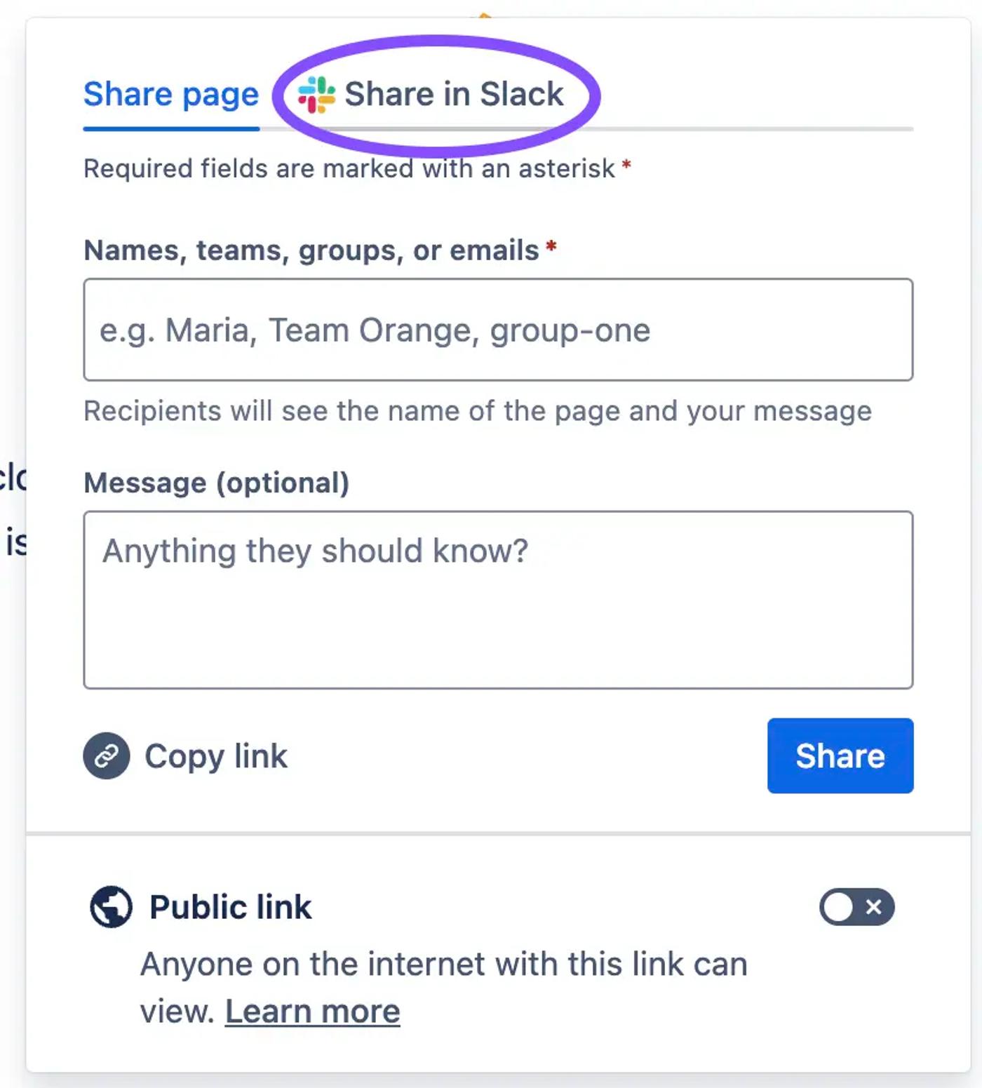 The Confluence Share page dialog with the ‘Share in Slack’ tab highlighted