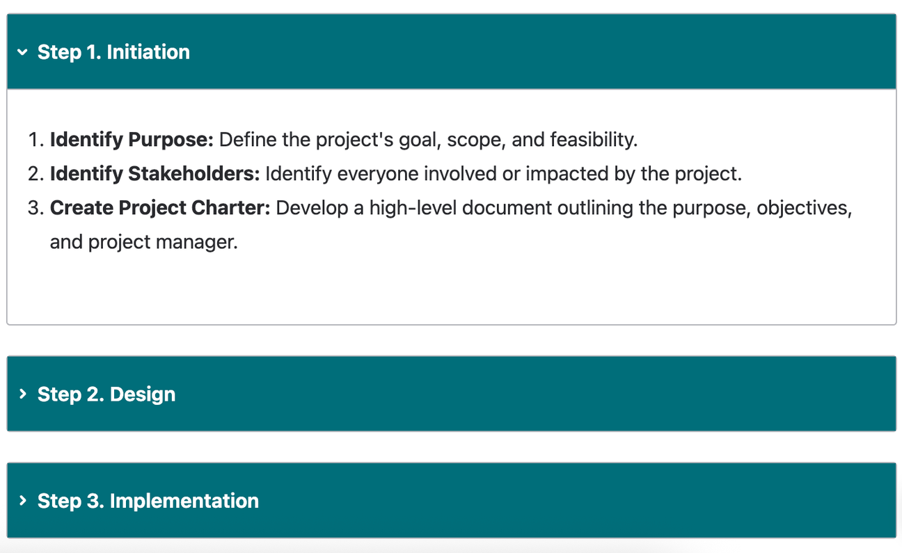 A set of three expanding sections relating to three steps in a project, with the first expanding section open to reveal sub-steps