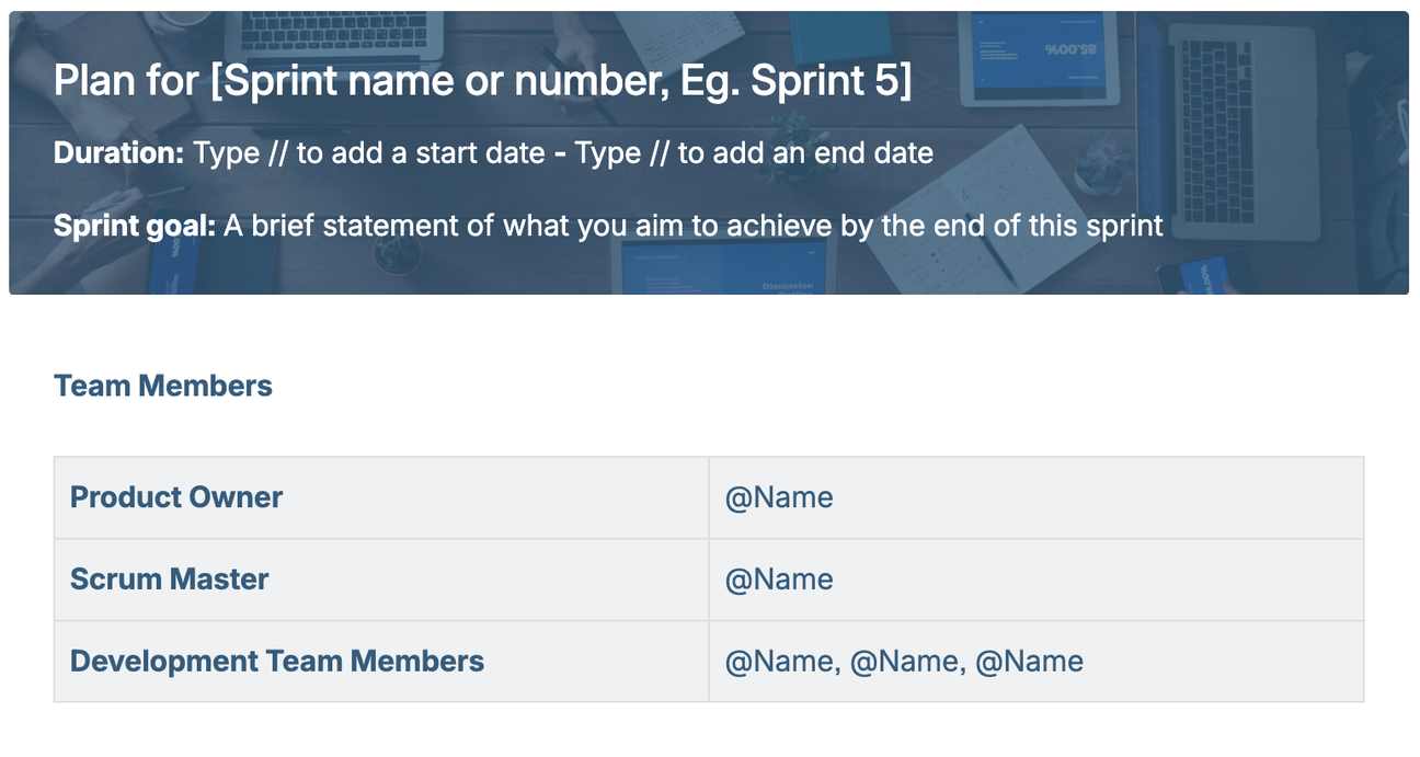 The first section of the Sprint Plan Template, showing details like duration, sprint goal, and team members