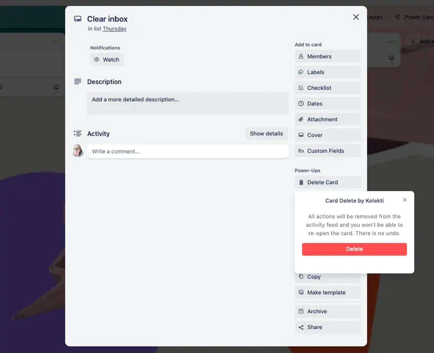 A Trello card with the Card Delete Power-Up selected