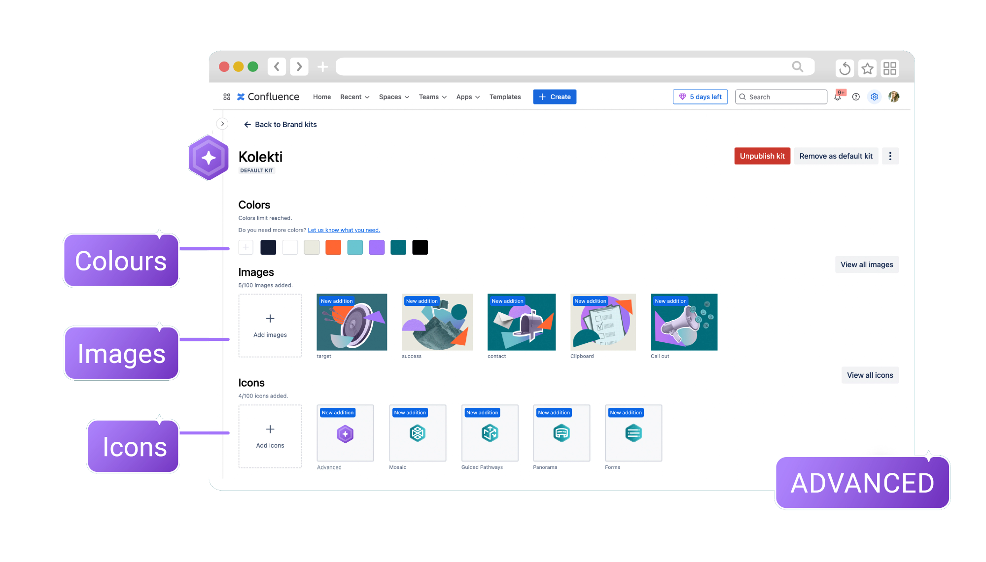 A screenshot of Confluence with Mosaic's brand kit library highlighted