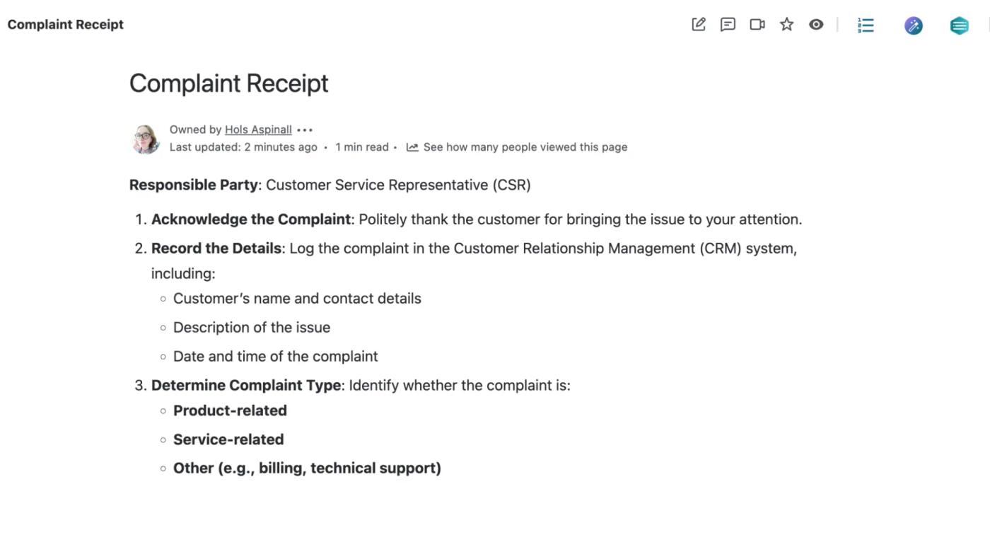 A Confluence guide outlining a company's formal procedure for handling customer complaints