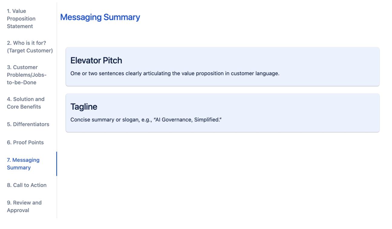 The 'Messaging Summary' tab of the value proposition framework, showing two light blue cards, one with the heading 'Elevator Pitch' and the other with the heading 'Tagline' with placeholder text below.