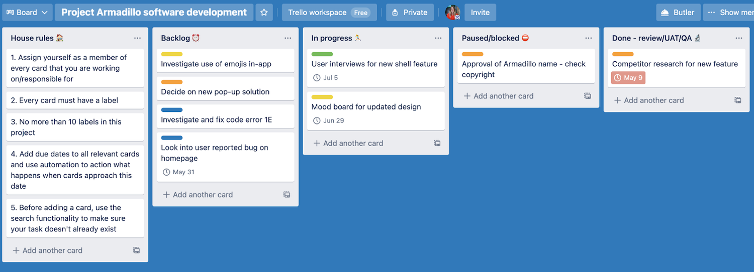 A software development Trello board with different lists
