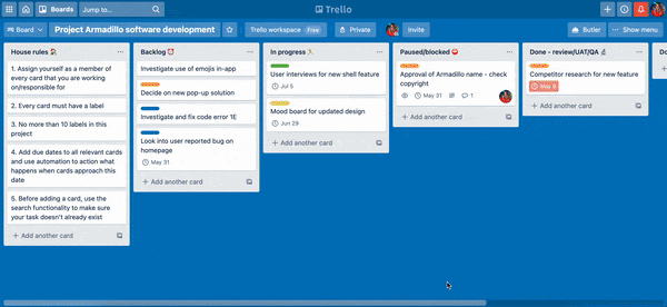 A gif demonstrating how to set up a simple rule in Trello using Butler