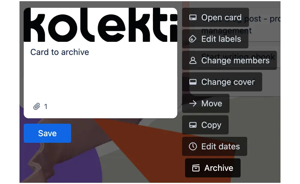 A list of options to the right of a Trello card
