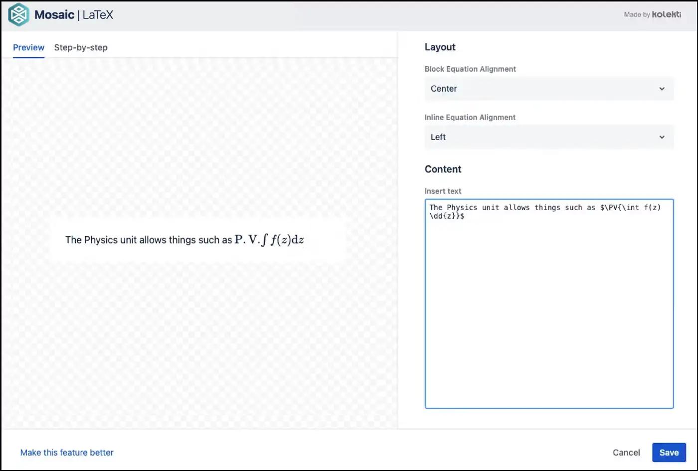 The LaTeX for Confluence editor with the Cauchy principal value in the text box