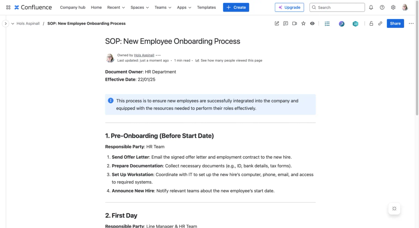 A one-page guide on Confluence detailing a company's employee onboarding process