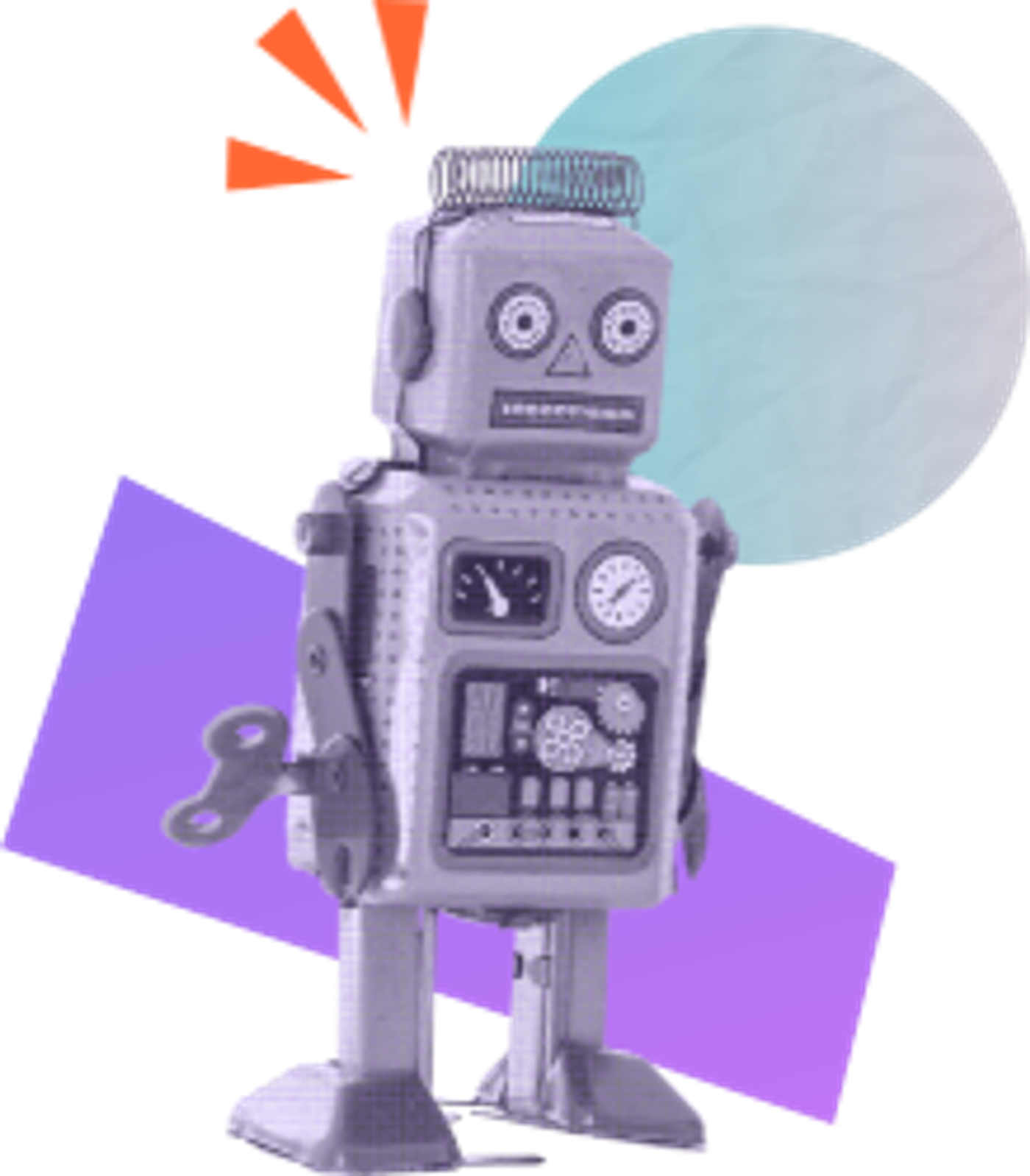 A tin robot surrounded by colourful shapes