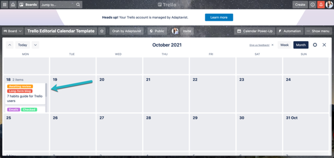 A screenshot of the calendar view in Trello using the Calendar Power-Up