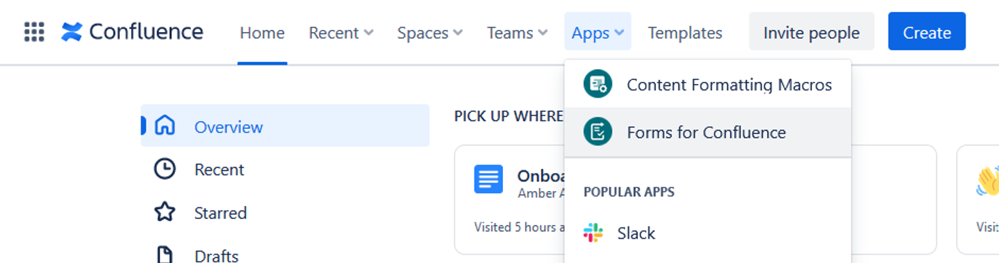 A screenshot of the Apps dropdown menu in Confluence. Forms for Confluence is highlighted