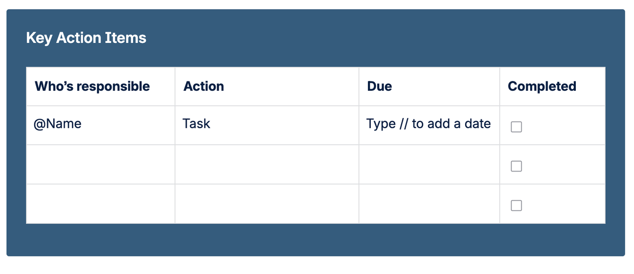 The last section of the Sprint Plan Template showing a table with key action items on it.