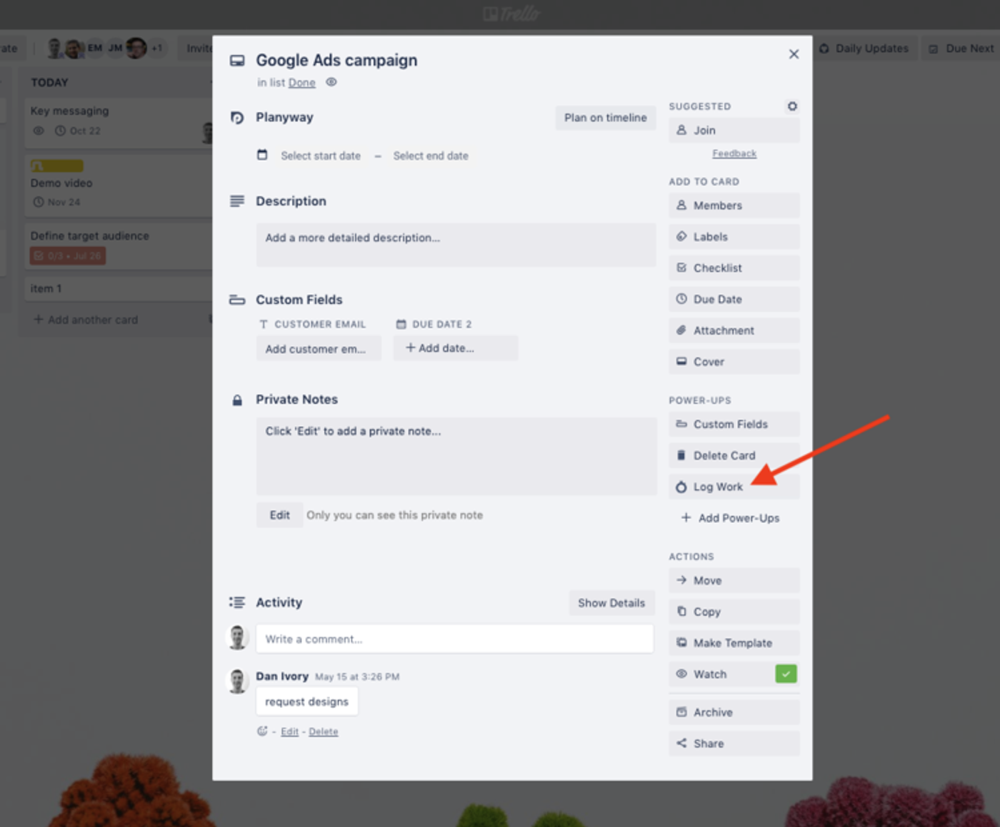 A screenshot of a Trello card with an arrow pointing at the 'Log Work' button