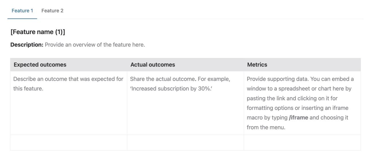 A screenshot of the 'Delivery metrics for features' section of the Agile Delivery Metrics Template