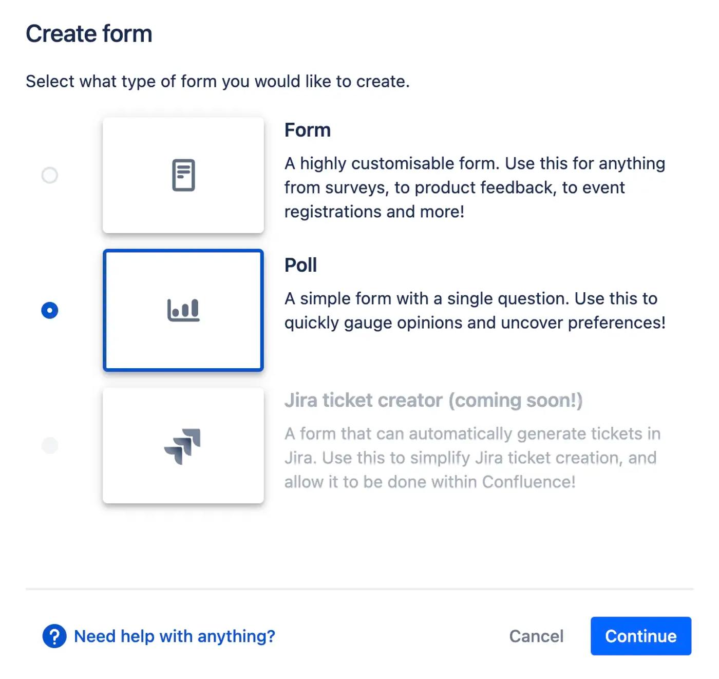 The Forms for Confluence pop-up showing the option to choose between polls and forms