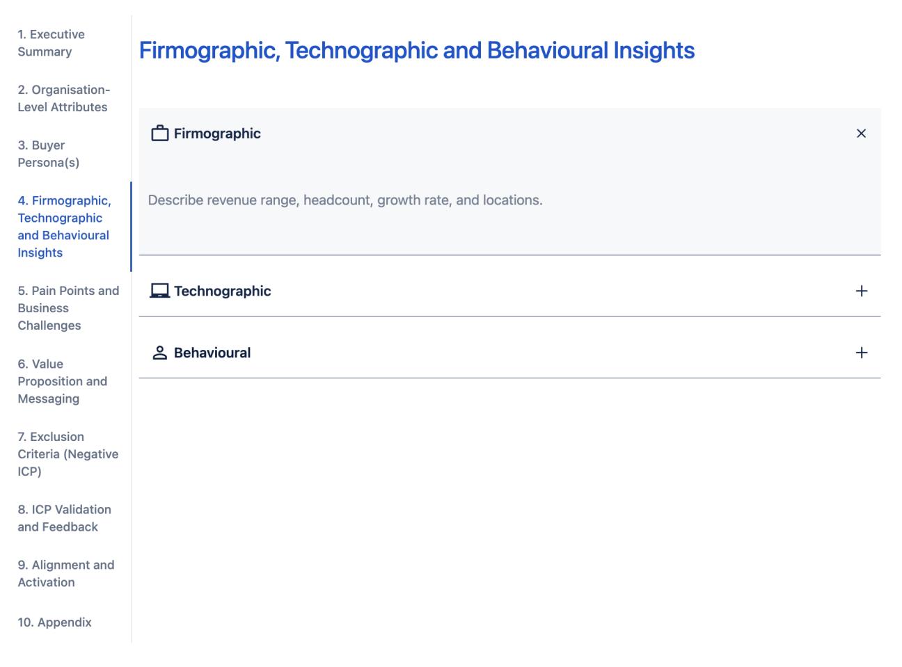The 'Firmographic, Technographic and Behavioural Insights' tab of the ICP, showing collapsible sections with subheadings such as 'Firmographic'