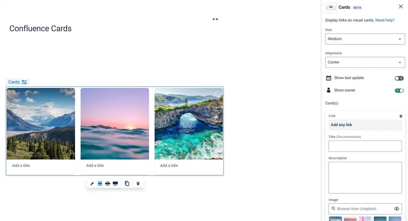 Three colourful cards in Confluence with the configuration options on the right