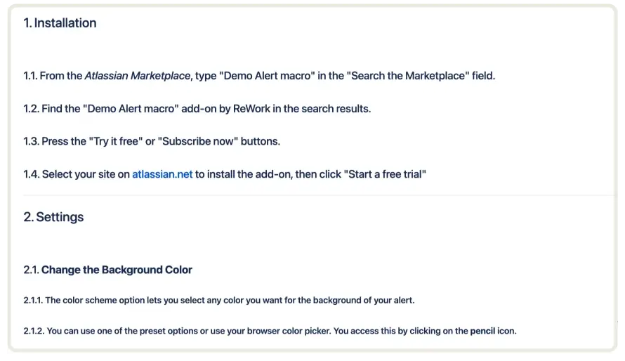A screenshot of a Confluence page with Numbered Headings