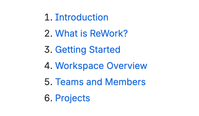 A table of contents in Confluence displaying six links to headings on an onboarding page