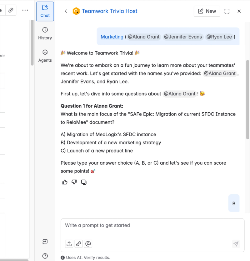 Screenshot of the Teamwork Trivia Host Agent open in the Rovo Chat panel