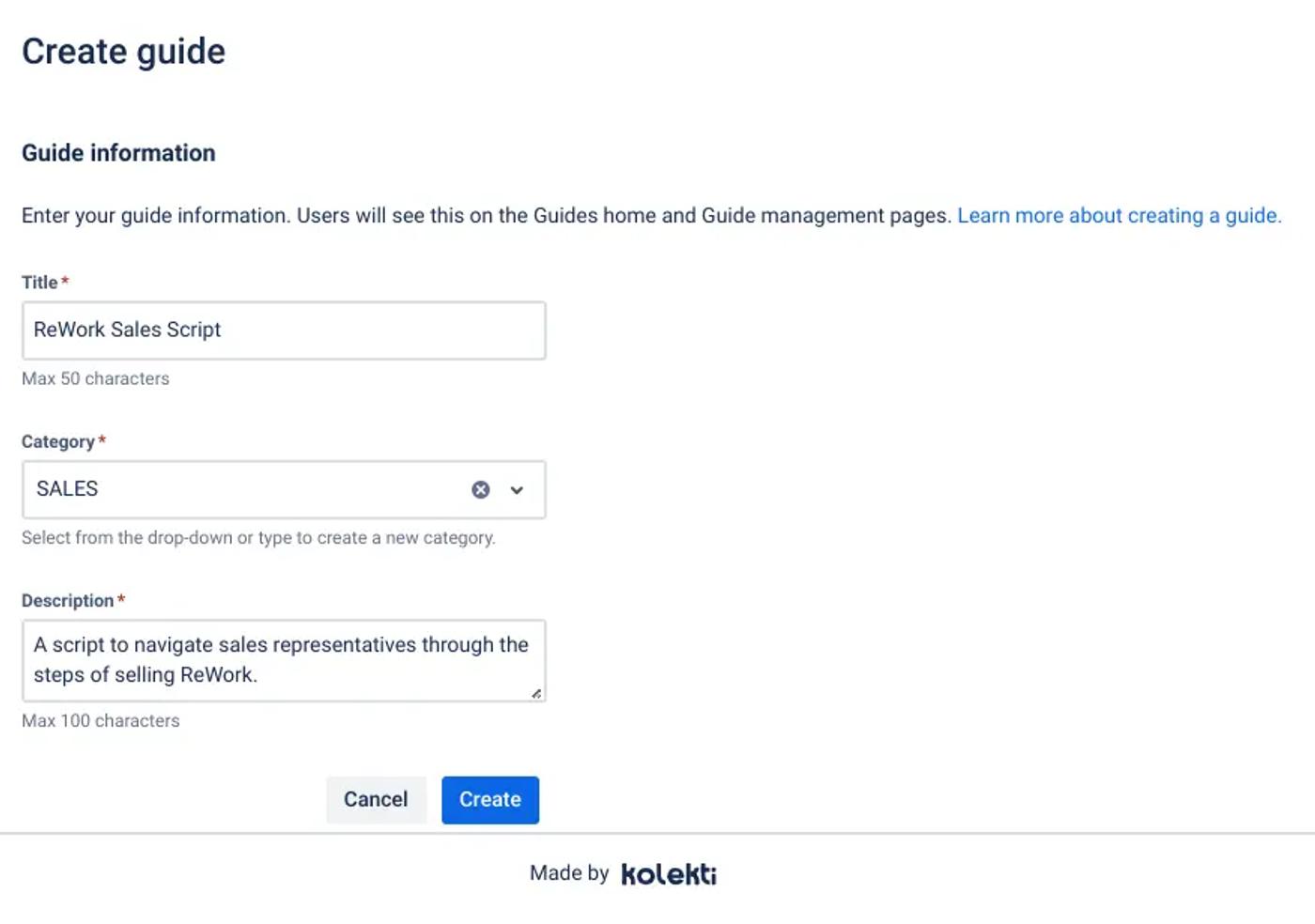 Details for a sales script in Guided Pathways for Confluence