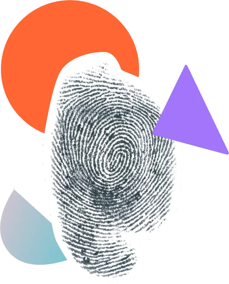 A thumbprint surrounded by colourful shapes