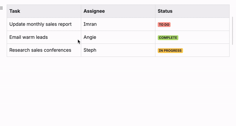 Animated GIF of a user clicking on a Confluence table options to remove the header row and add a numbered column