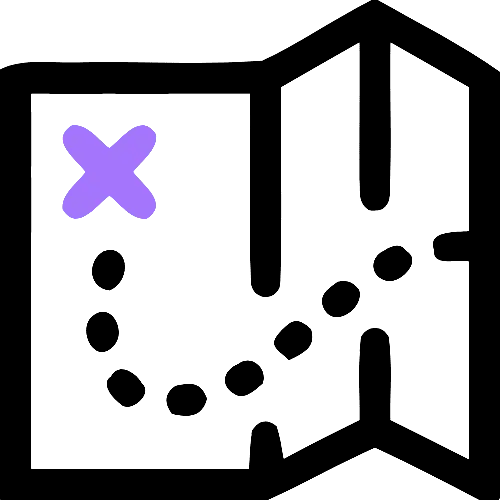 An icon of a map with a purple "X" marker