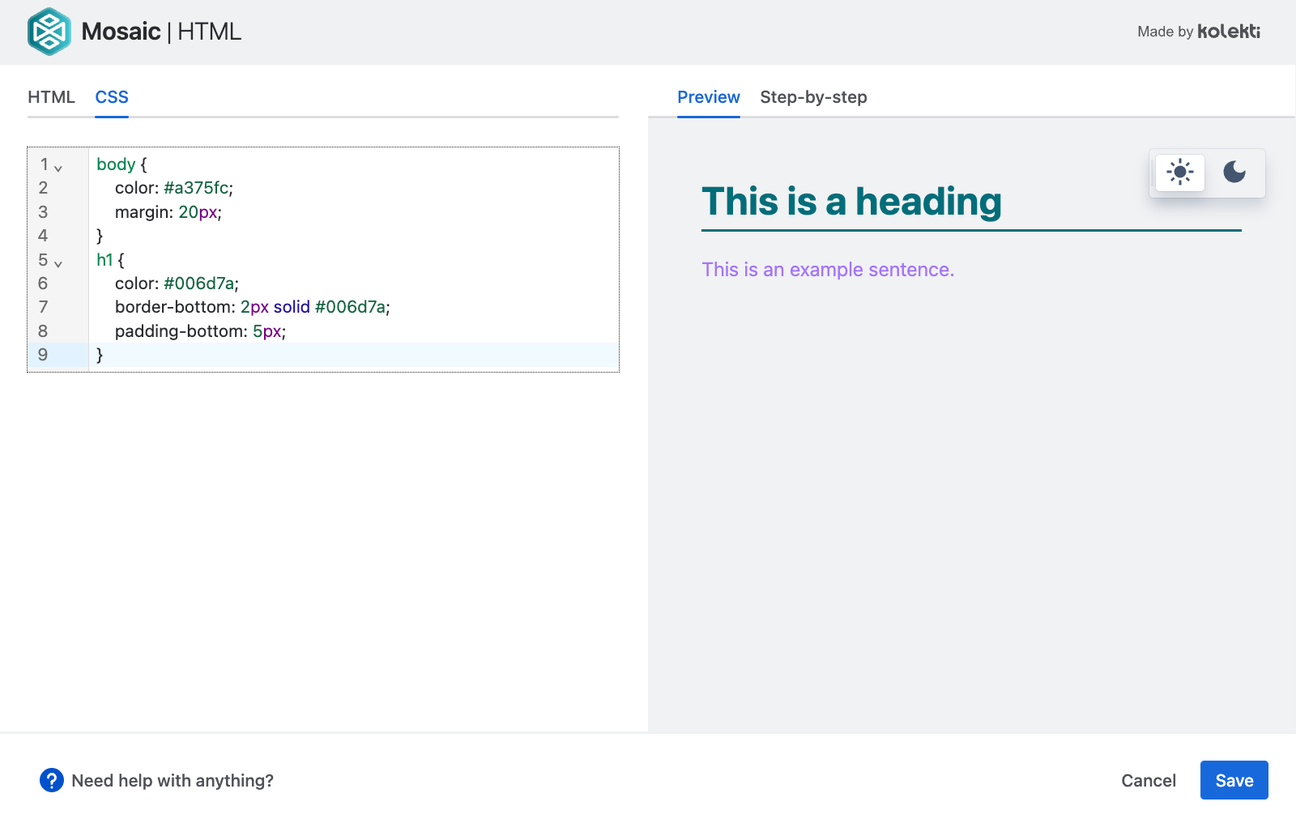 A HTML editor in Confluence showing CSS on the left and custom coloured text on the right