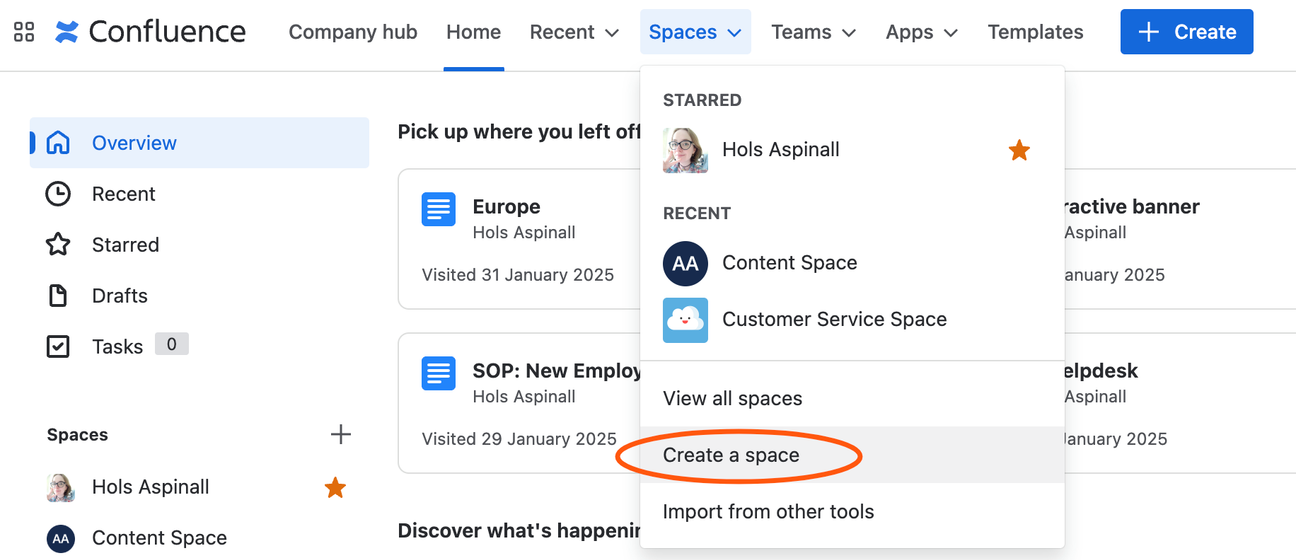 The Confluence Space dropdown menu with the 'Create a space' option circled