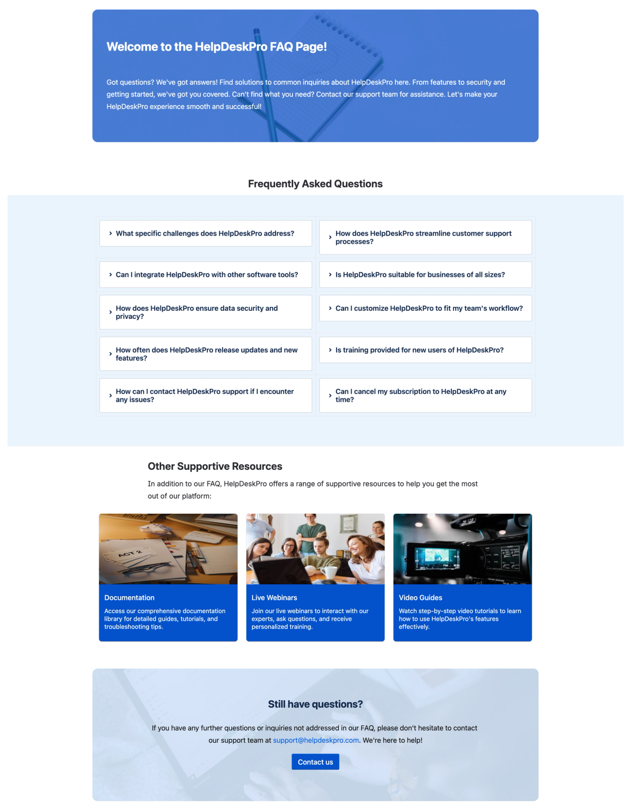 Screenshot of a Confluence FAQ page with collapsible sections showing frequently asked questions