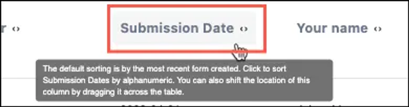 A user clicks on a responses table column to sort it by alphanumeric order