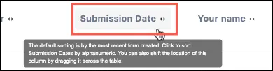A user clicks on a responses table column to sort it by alphanumeric order