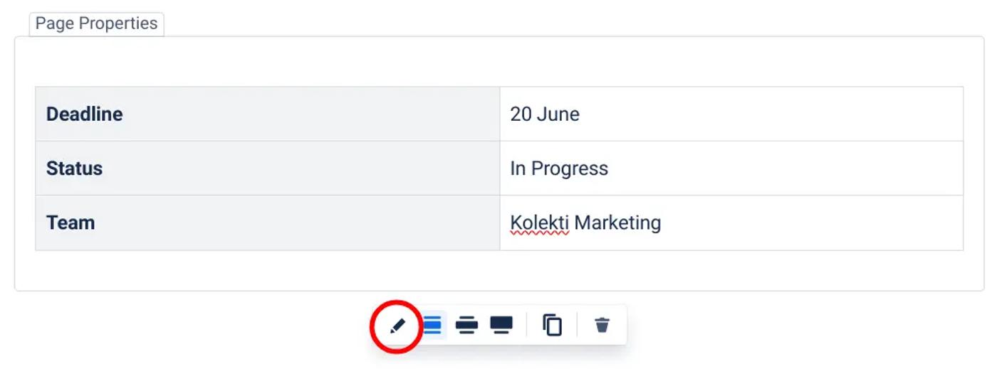 A screenshot of the edit icon below a page properties table in Confluence