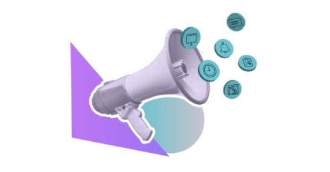 A megaphone with small icons on circular backgrounds emanating from it