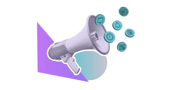 A megaphone with small icons on circular backgrounds emanating from it
