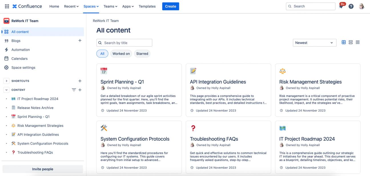 A Confluence space with cards showing all the pages within that space