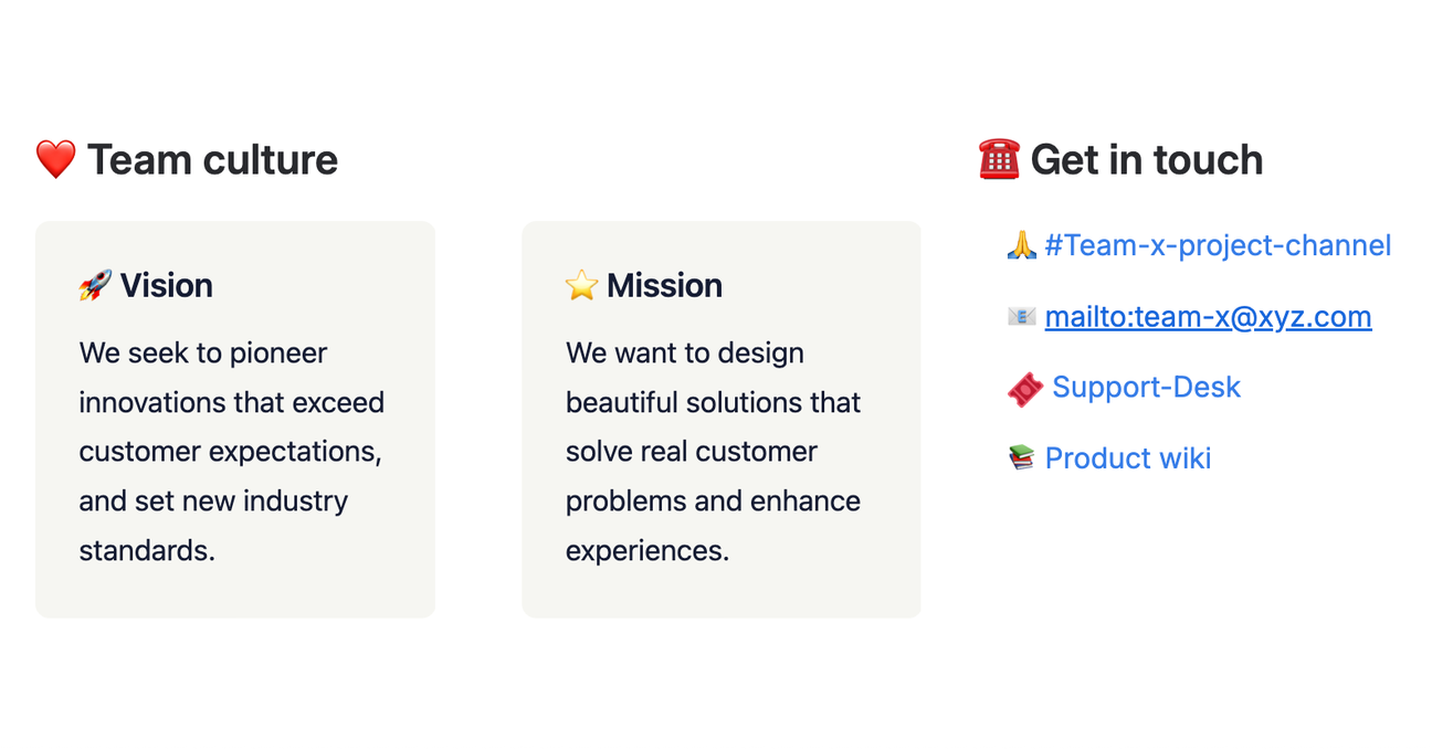 Three sections in a row listing the team mission, vision, and contact details respectively