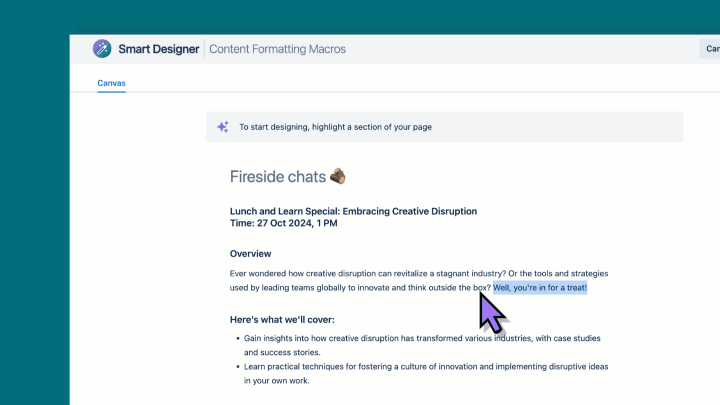A gif of a user using Smart Designer to instantly improve their Confluence page