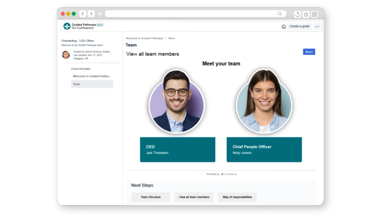 A 'meet the team' page inside a Guided Pathways for Confluence guide with buttons linking to other pages