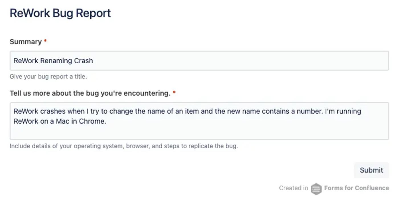 A Bug Report form created in Confluence