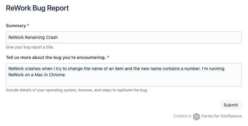 A Bug Report form created in Confluence