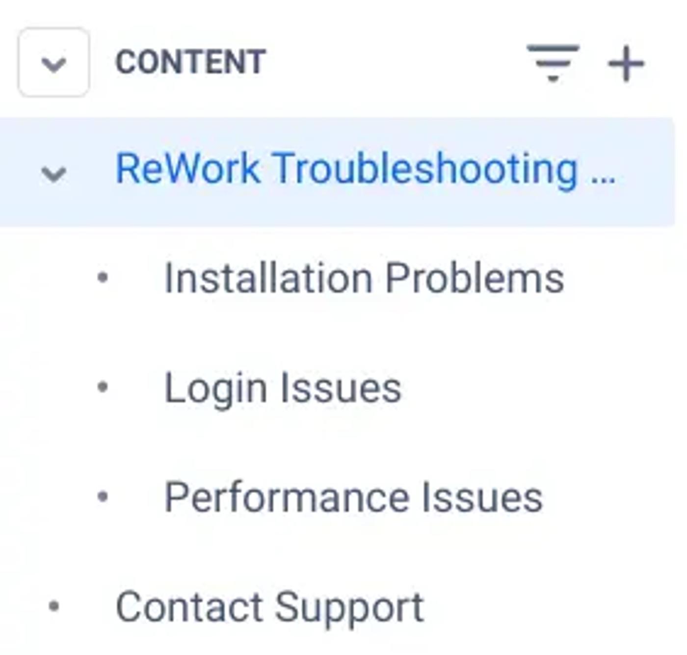 A Confluence page tree showing different pages in a troubleshooting guide