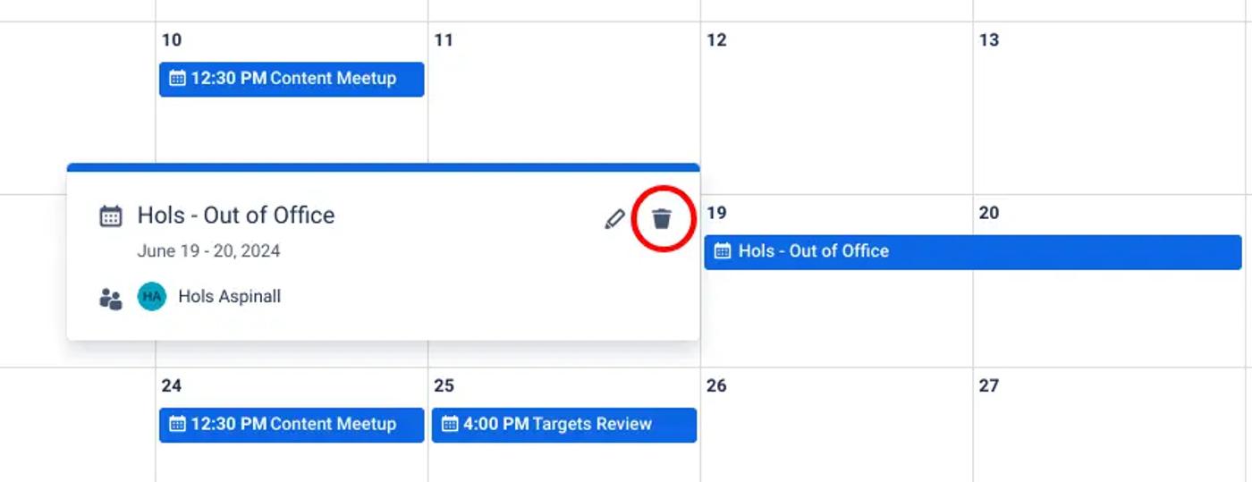 The trashcan icon in the Confluence calendar highlighted in a red circle