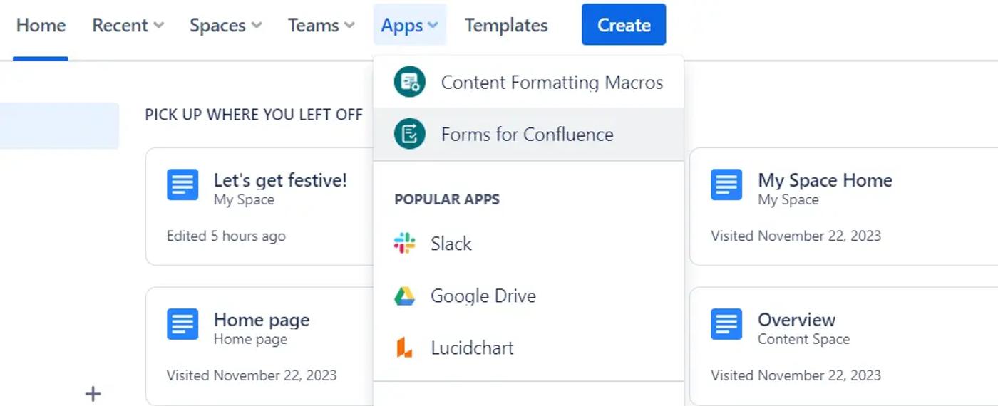 The Forms for Confluence app in the Confluence Apps tab dropdown menu