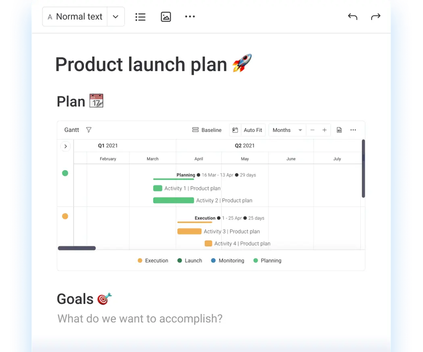 A monday workdoc for a product launch plan with a project timeline embedded