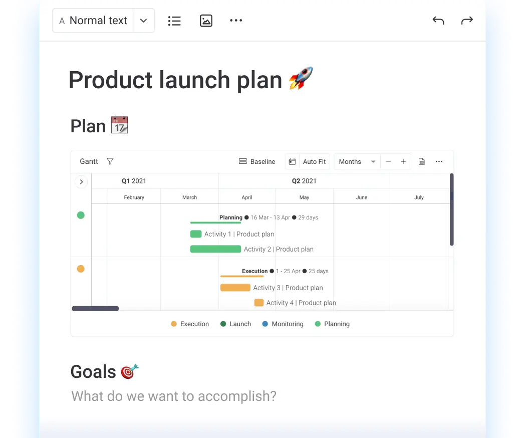 A monday workdoc for a product launch plan with a project timeline embedded