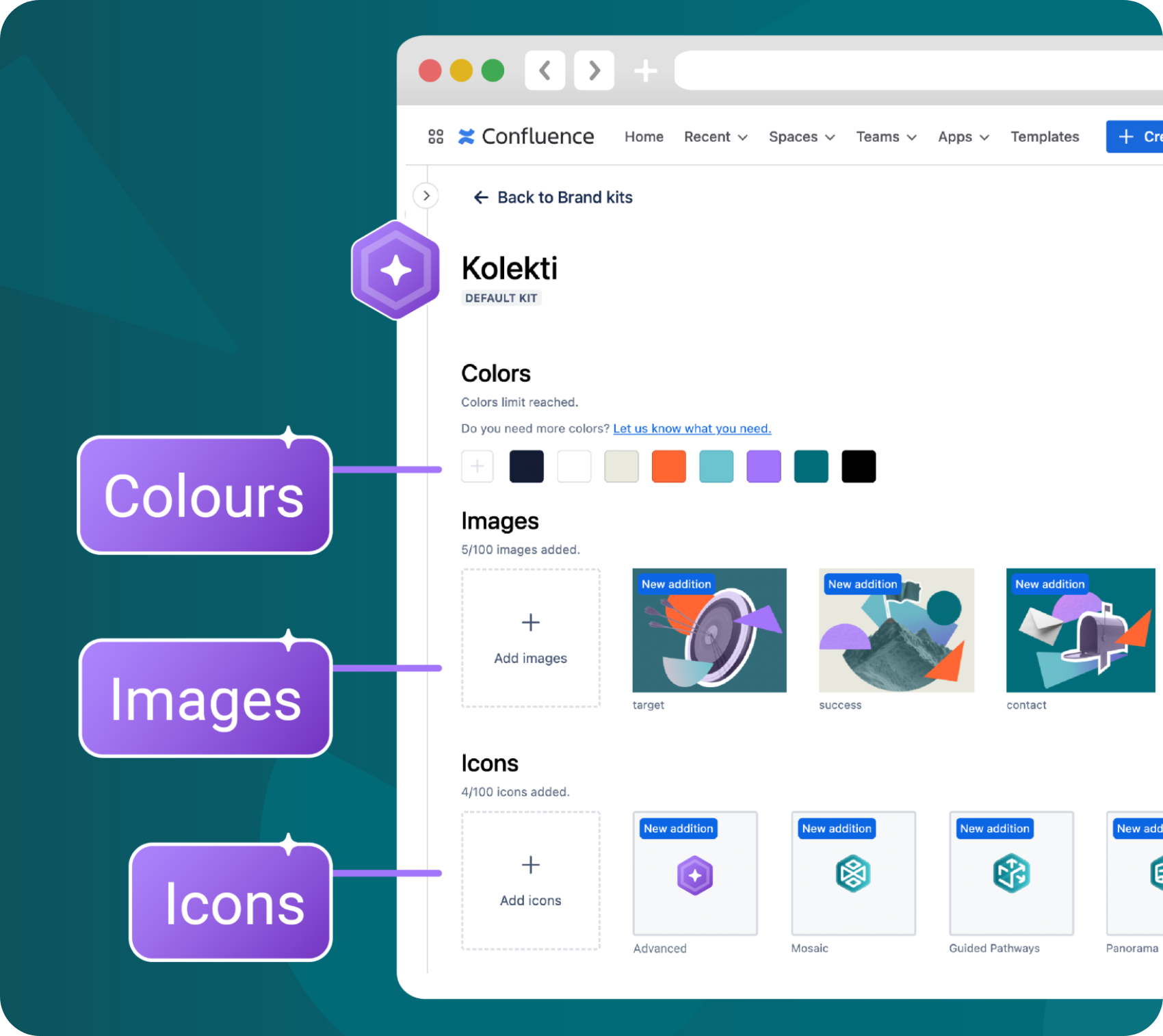 Screenshot of a Confluence page with different brand colours and images selected