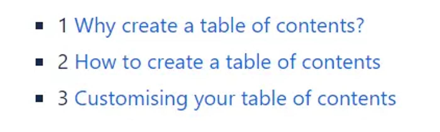 A screenshot of a table of contents in Confluence